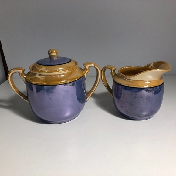 Blue Lusterware? - Creamer & Sugar Set - Floral - Made in Japan #83 - Picture 3 of 7